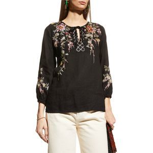 Johnny Was Acacia 3/4 Split Neck Linen Top Shirt Blouse Black Embroidered NEW